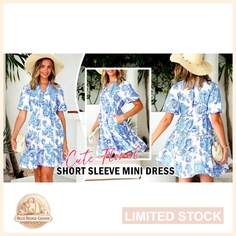 Boho Floral Mini Dress Tiered Ruffle V Neck Short Sleeve A Line Summer - Picture 7 of 7